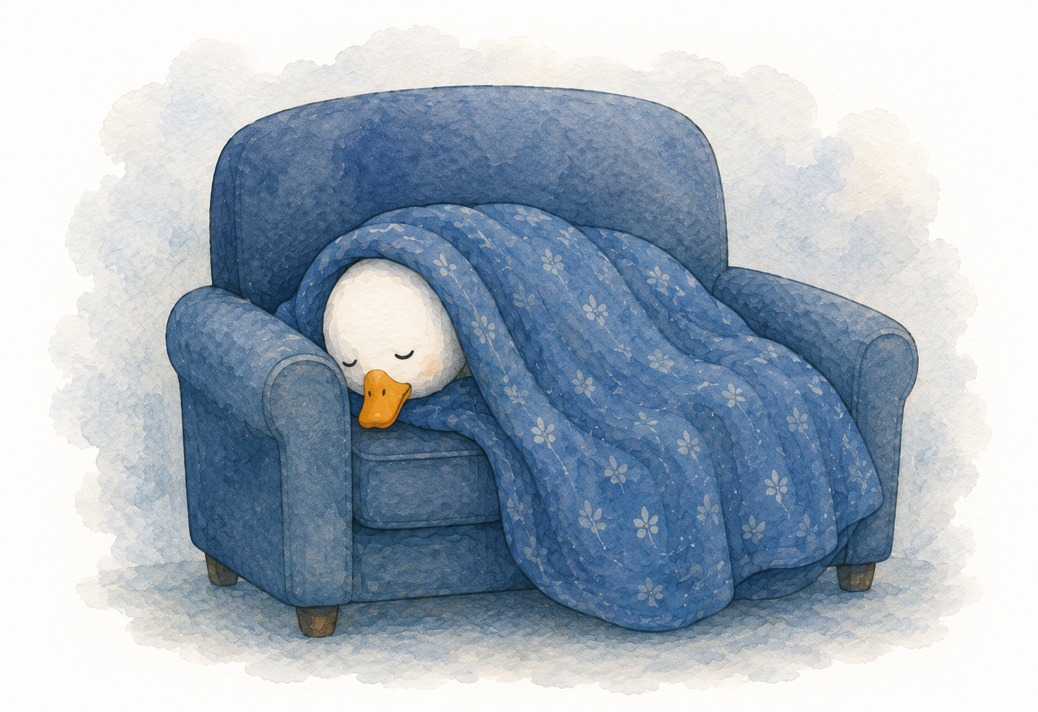 A tired goose resting under a blue blanket on a couch.