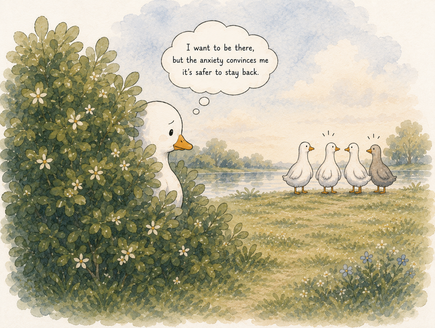 A goose hiding behind a flowering bush while watching other geese.