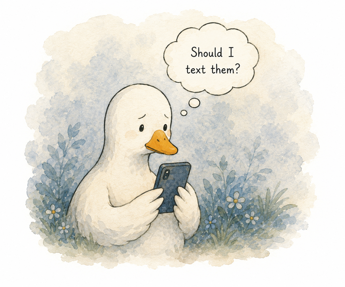 A goose holding a phone and wondering whether to text.