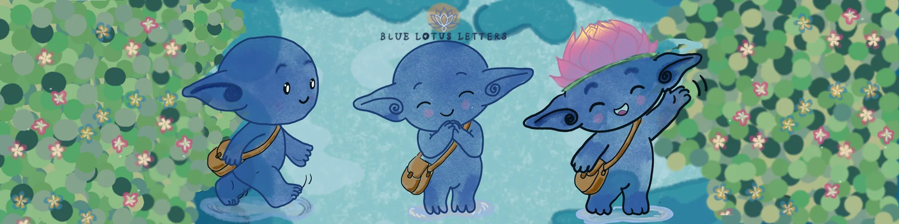Blue Lotus Letters — three blue Nova characters among lotus flowers and lily pads