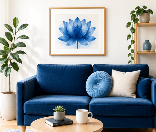 A calm therapy room with a blue couch and lotus artwork.